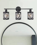 Three Light Industrial Vanity Light Fixture In Black Farmhouse Wall Sconce For Bedroom, Kitchen, Living Room, Bathroom, And Foyer, Vintage Vibe Lighting With E26 Base mounted above a mirror