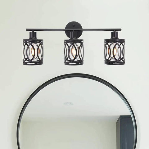 Three Light Industrial Vanity Light Fixture In Black Farmhouse Wall Sconce For Bedroom, Kitchen, Living Room, Bathroom, And Foyer, Vintage Vibe Lighting With E26 Base mounted above a mirror