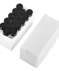 15 Piece Kit Of 10Ml Amber Glass Sample Vials With Black Screw Caps And Pe Liners, 0.34 Oz tiny travel flasks in white packaging.