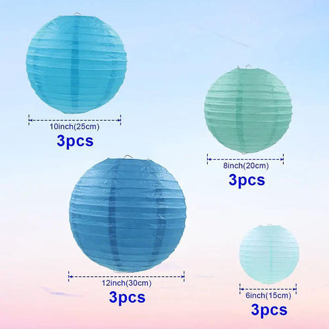 Blue Paper Lanterns Set Of 12 Assorted Sizes 6 Inch 8 Inch 10 Inch And 12 Inch Chinese Round Hanging Lamps for decor