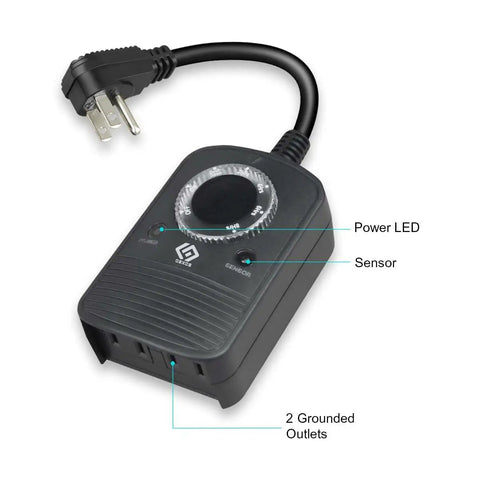 Rock Solid Outdoor Light Timer Featuring Built In Photocell Dusk To Dawn Sensor showing dual grounded outlets and power switch.