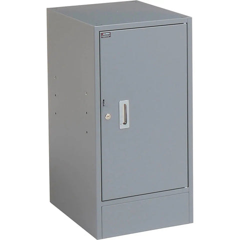 Heavy Duty Gray Pedestal Workbench Featuring Three Individual Locking Drawers Plus A Secure Bottom Cabinet in gray steel.