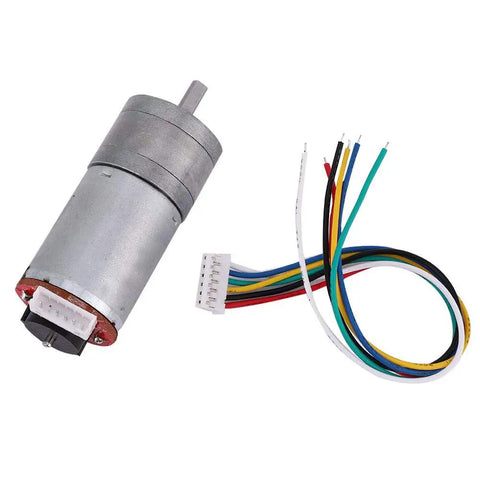 DC 6V Encoder Gear Motor Kit With Mounting Bracket And 65mm Wheel Kit, showing motor and colored wires, for small robots.