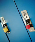 Two lockers with yellow and red padlocks from Six Pack Multicolor Mini Luggage Locks With Keys For Lockers And Suitcases