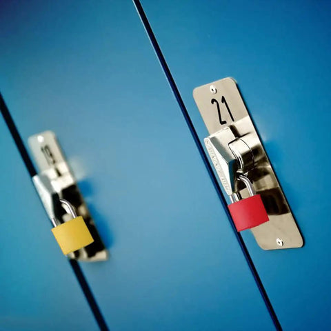 Two lockers with yellow and red padlocks from Six Pack Multicolor Mini Luggage Locks With Keys For Lockers And Suitcases