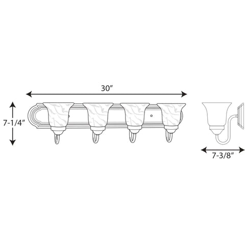 Diagram of Alabaster Glass Four Light Bath Vanity Bar Fixture In Nickel Finish 30 Inch Wide Seven And A Quarter Inch High