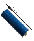 Blue 3-inch diamond dry-core drill bit for brick with SDS Plus pilot adapter and hex key
