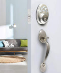 Keyless Entry Front Door Lock Set With Handle, Electronic Keypad Deadbolt, Auto Lock, Satin Nickel Finish, installed on a door