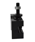Rock Solid Wedge Type Piston Quick Change Tool Holder for CNC Lathe, black steel, accepts 3/4 inch turning bits, side view.
