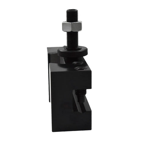 Rock Solid Wedge Type Piston Quick Change Tool Holder for CNC Lathe, black steel, accepts 3/4 inch turning bits, side view.