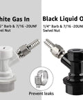 Ball Lock Quick Disconnect Set for Home Brewing Kegs With Five Sixteenths Gas Barbs and One Quarter Inch Liquid Barbs Includes Stainless Steel Hose Clamps For Secure Connections and Easy Keg System Upgrades. White gas in and black liquid out disconnects