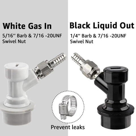 Ball Lock Quick Disconnect Set for Home Brewing Kegs With Five Sixteenths Gas Barbs and One Quarter Inch Liquid Barbs Includes Stainless Steel Hose Clamps For Secure Connections and Easy Keg System Upgrades. White gas in and black liquid out disconnects