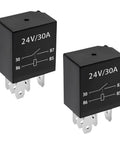 Premium 5 Pin 30A 24V Starter Relay Set showing two black relays with 30A printed on top for heavy duty ignition switching.