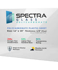 Crystal Clear Polycarbonate Sheet That Is Tougher Than Plexiglass UV And Weather Resistant Lightweight Yet Ultra Durable 12 X 18 Inches One Eighth Inch Thick Made In USA Ideal For DIY Projects And Industrial Use with Spectra Glass branding text and icons for strength and UV resistance.