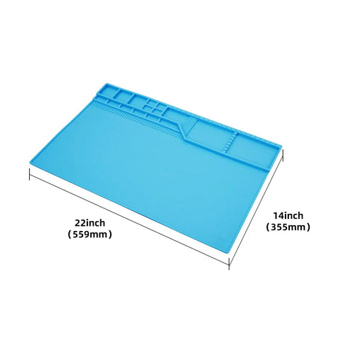 Large Silicone Solder Mat Heat Resistant To 932 F Magnetic Repair Surface With Built In Ruler And Multiple Storage Pockets, Light Blue 22x14 Inch
