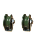 Two green U-Groove track wheels with cast-iron bodies and mounting bolts