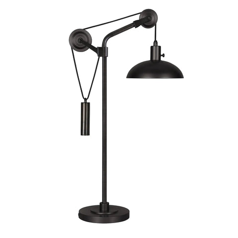 Dope 33.5 Inch Tall Industrial Table Lamp With Solid Wheel Pulley System And Blackened Bronze Metal Shade, Geometric Base