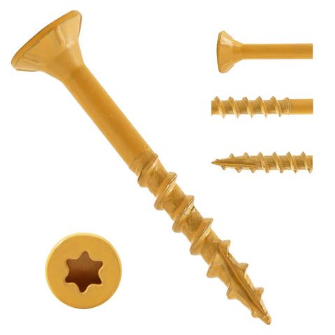 Heavy Duty Torx Deck Screws Size 8 X 1.5 Inch Tan Coated Wood Fasteners Hella Durable close-up view with star drive head.