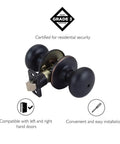Oil Rubbed Bronze Ball Brass Privacy Doorknob With Flat Handle For Bedroom Or Closet, 6-Way Adjustable, No Key Drama Inside Turn Button