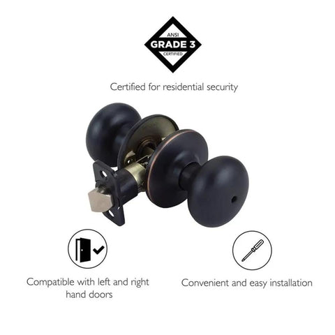 Oil Rubbed Bronze Ball Brass Privacy Doorknob With Flat Handle For Bedroom Or Closet, 6-Way Adjustable, No Key Drama Inside Turn Button