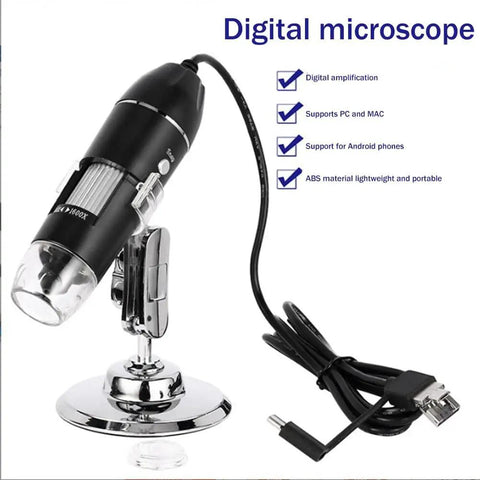 1600X Digital USB Microscope Camera 3 In 1 Portable Electronic Microscope For Soldering And LED Magnifier For Cell Phone Repair Dope Tool For PCB Inspections Coins Skin Hairs And DIY Projects, black ABS body with metal stand and USB cable