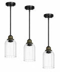 HXXLFONEDP 3 Pack Kitchen Island Pendant Lights, Ribbed Glass, Black, featuring three hanging ribbed glass shades with black metal.