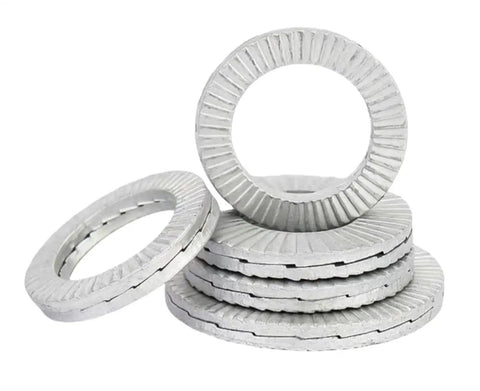 Self Locking Belleville Washers For Auto, Heavy Duty Industrial Machinery, And Construction Equipment, Double Layer Anti Loosening, Vibration Resistant Locking Fasteners In 1 Inch Size, Choose Stainless Steel Or Dacromet Coating. 1 inch stainless steel washers stacked