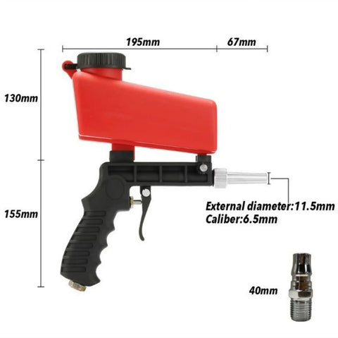 Wreck Old Rust And Peeling Paint Fast With This Heavy Duty Gravity Sandblaster Gun Kit Using A Ninety Psi Pneumatic Trigger To Prep Metal And Wood Smooth Without Breaking A Sweat In Red side view with measurements.