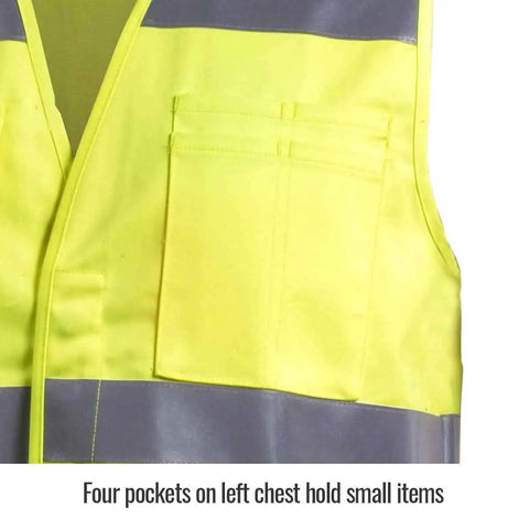 No Nonsense High Visibility Safety Vest Made From Flame Resistant Cotton Class 2 Ansi Type R Back Access Large Size showing four pockets on left chest.