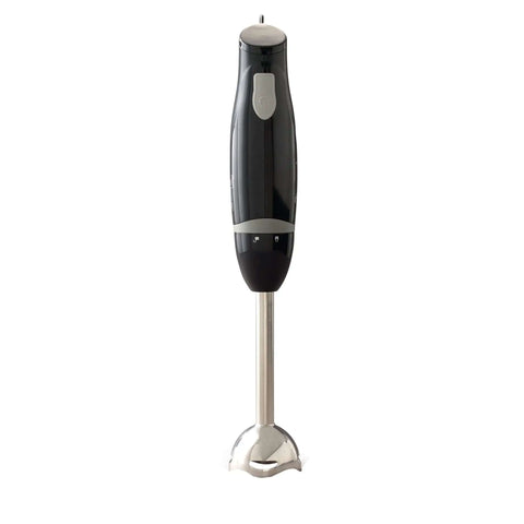 Top Shelf Kitchen Workhorse Featuring Durable Immersion Hand Blender in black with stainless steel blending wand for easy soup preparation.