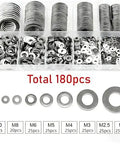 180 Pcs Stainless Steel Flat Washers Set For Screws And Bolts 304 Grade Assorted Sizes M2.5 M2 M3 M4 M5 M6 M8 M10 Built Tough For Heavy Duty Projects And Industrial Use, displayed in a transparent organizer