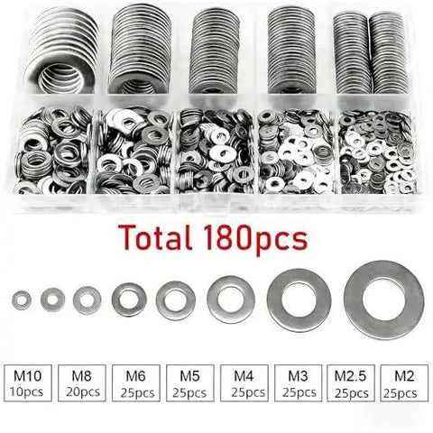 180 Pcs Stainless Steel Flat Washers Set For Screws And Bolts 304 Grade Assorted Sizes M2.5 M2 M3 M4 M5 M6 M8 M10 Built Tough For Heavy Duty Projects And Industrial Use, displayed in a transparent organizer