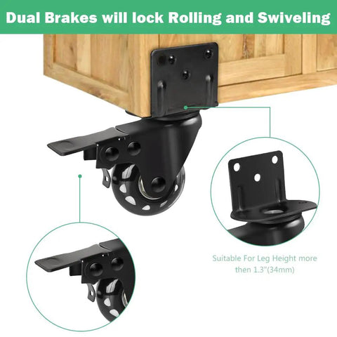 Beefy Side Mount Caster Wheels 2 Inch L Shaped Plate Swivel Casters With Brakes Heavy Duty Set Of 4 attached to cabinet corner