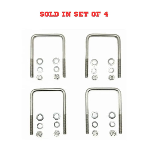 Beefy 90 Degree U Bolts Set In 304 Stainless, 3/8-16 Threaded, 2 Inch Length, 3-7/8 Inch Shank, Marine Trailer Mounting Hardware Pack With Flat Washers, Nylon Lock Nut, Split Washers, 4 Pack displayed