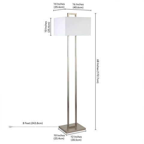Tall 68 Inch Floor Lamp With White Fabric Rectangle Shade In Brushed Silver Finish For Living Room, Bedroom, Or Office Includes Easy To Use 8 Foot Cord
