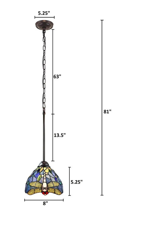Sunniva Dragonfly Tiffany-Style 1 Light Mini Pendant, 8 Inch Wide, E26 Bulb Capable with dimensions illustration shown