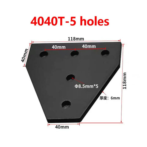 Beefy 118x118x6mm 5 Hole L Shape Outside Joining Plate Bracket For 4040 V Slot Aluminum Extrusion Profile Easy Right Angle Mount For Heavy Duty Frame Builds, black plate with hole dimensions.