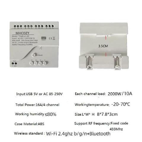 4 Channel Smart WiFi Relay Module With Bluetooth And RF Remote Control Dry Contact Switch, product dimensions visible