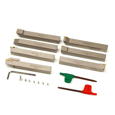 Heavy Duty 1/2 Inch Shank Indexable Lathe Tool Set With Nickel Plated CNC And Metal Lathe Tool Holders For Turning Grooving Threading Parting And Cut Off 7 Piece Kit Durable And Corrosion Resistant Built To Last