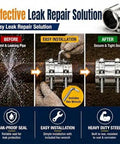 Rock Solid Heavy Duty Three Inch Pipe Repair Clamp And 304 Stainless Steel Leak Sealer For Burst Water Pipes Metal And Pvc Split Lines Straight Up No Drip Fix Patch installation guide showing before and after results.