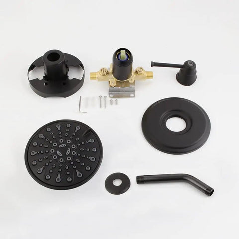 Slick Matte Black Shower Faucet Set With Wall Mounted Rain Mixer 6 Inch Shower Head Single Handle Trim Kit Rough In Valve Included Durable ABS Fixtures With Leak Proof Seals And 6 Spray Modes For Everyday Spa Like Showers
