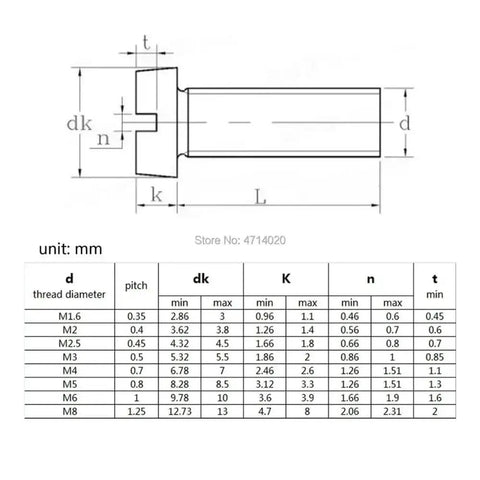 Technical diagram showing dimensions of Top Shelf 304 Stainless Steel Slotted Cheese Head Machine Screws 50 Pack Metric M1.6 To M3.