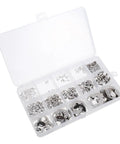Stainless Steel Snap Ring Assortment Kit 1.5-15mm E-Shaped Circlip Set With Black Oxide Finish, Rust Resistant, Easy Install Retaining Rings For Machinery, Automotive, And DIY Projects. Open organizer box with assorted circlips