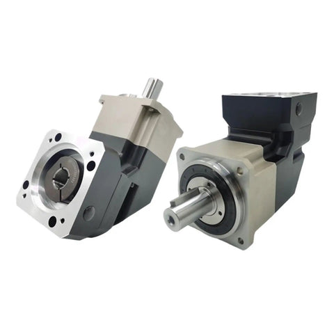 90 Degree Helical Planetary Gear Reducer For Servo And Stepper Motors Beefy Heavy Duty Gearbox Reducer Fits One KW To Seven Point Five KW Nema42 Nema52 Motors Khaki Finish With One Hundred To One Speed Ratio For Precise Motion Control, shown with shafts