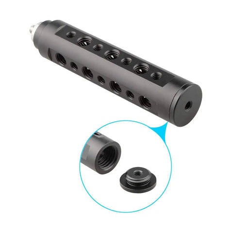 Aluminum Camera Handle Grip For Small Cameras Camcorders And DSLRs With CNC Machined Aluminum Construction Anodized Black Finish, close-up of mount details.