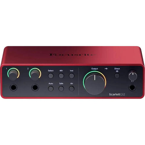Scarlett 2i2 4th Gen USB Audio Interface Bundle With Studio-Grade Mic Preamps, front view with control dials and input ports.