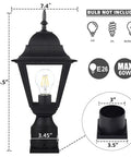 Outdoor Post Light Waterproof Cast Aluminum Lamp Post Fixture With Pier Mount Base Matte Black Sixteen Point Five Inch Lantern For Garden Yard Driveway Boost Curb Appeal Weatherproof Tempered Glass with E26 base, 16.5 inch height, and 7.4 inch width dimensions shown.