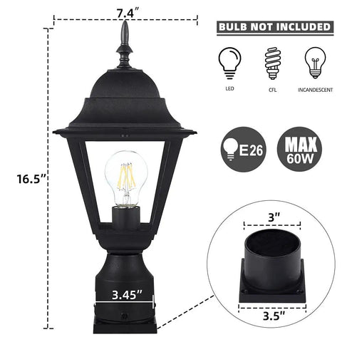 Outdoor Post Light Waterproof Cast Aluminum Lamp Post Fixture With Pier Mount Base Matte Black Sixteen Point Five Inch Lantern For Garden Yard Driveway Boost Curb Appeal Weatherproof Tempered Glass with E26 base, 16.5 inch height, and 7.4 inch width dimensions shown.