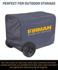 Heavy Duty Large Portable Generator Cover Premium Waterproof Vinyl With Double Insulation Drawstring Lock Secures Five Thousand Watt Camp Rig snugly on outdoor wheels.