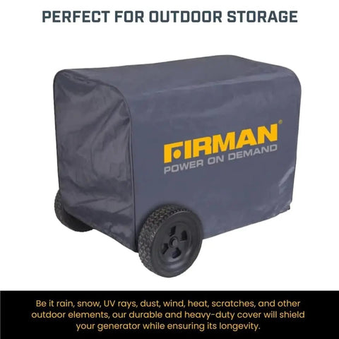 Heavy Duty Large Portable Generator Cover Premium Waterproof Vinyl With Double Insulation Drawstring Lock Secures Five Thousand Watt Camp Rig snugly on outdoor wheels.